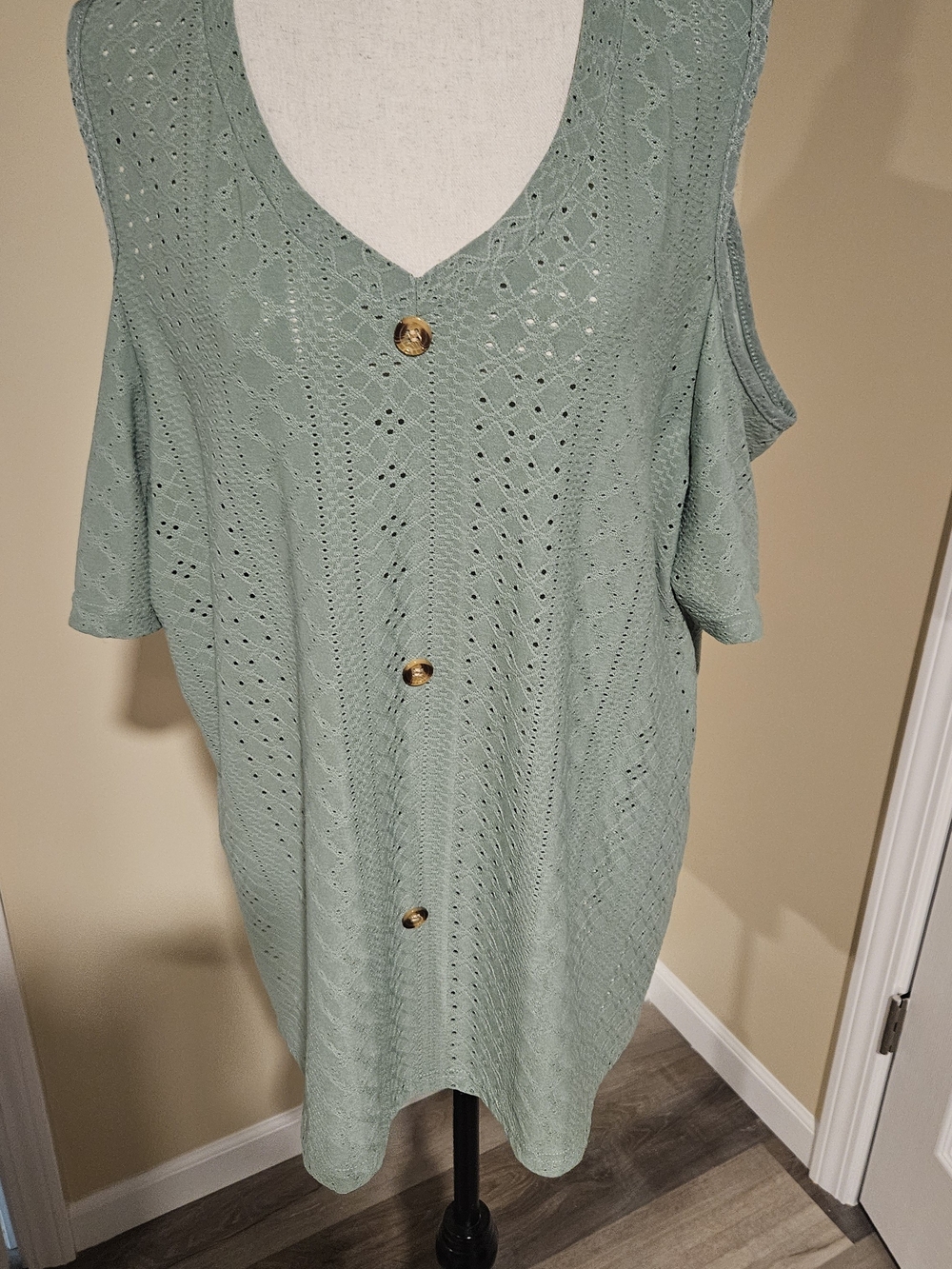 Sage Green Knit Button-Front Cold-Shoulder Tunic